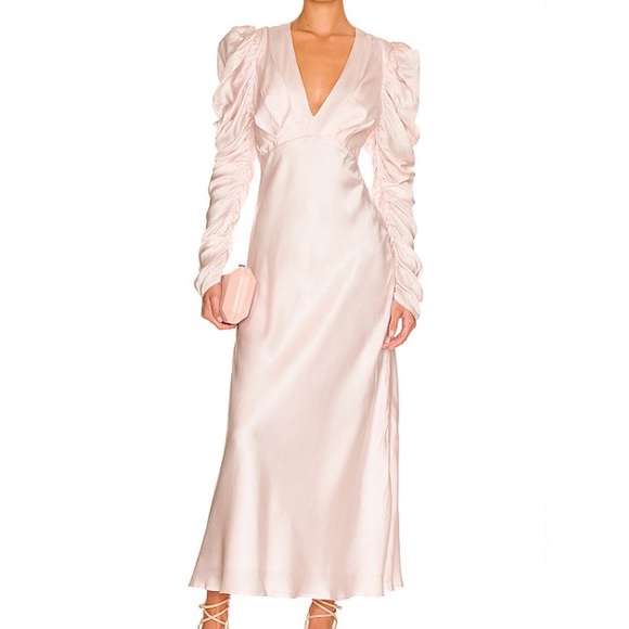 Bardot Dresses & Skirts - Bardot Satin Long Sleeve Deep V-Neck Zaria Midi Dress Light Soft Pink Revolve